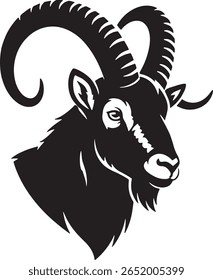 Uma ilustração estilizada em preto e branco da cabeça de um carneiro, mostrando seus chifres grandes e curvos e características faciais detalhadas.  A imagem está em negrito e gráfico em s...