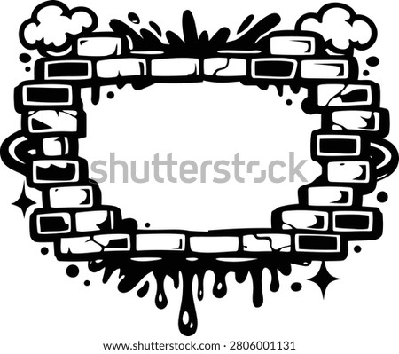 A stylized black and white illustration of a rectangular brick wall frame, featuring artistic paint drips, clouds, and stars in a bold urban aesthetic.