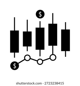 Uma ilustração em preto e branco estilizada que representa um gráfico de castiçal financeiro, indicando flutuações de mercado e valor monetário.
