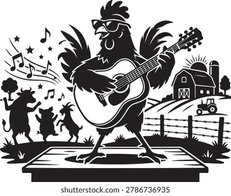 A stylized black and white illustration of a rooster playing an acoustic guitar on a farm stage with other farm animals dancing.