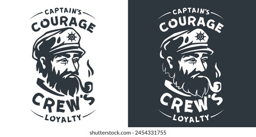 Stylized black and white illustration of a seasoned captain with a sailor hat, exuding an air of courage and experience, perfect for nautical themed designs and maritime concepts.