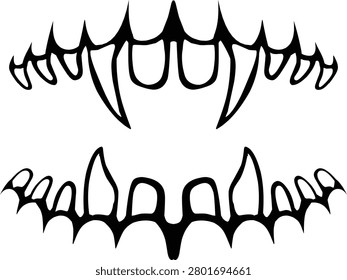 Stylized black and white illustration of sharp vampire fangs and teeth, suitable for Halloween or horror themes.
