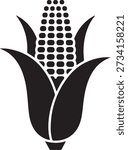 Stylized black and white illustration of a single ear of corn graphic. Vector Black silhouettes. with white background
