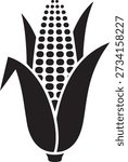 Stylized black and white illustration of a single ear of corn graphic. Vector Black silhouettes. with white background
