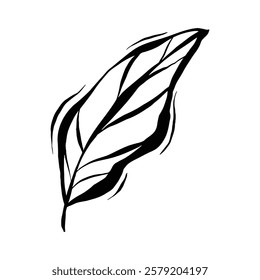 A stylized black and white illustration of a single leaf featuring bold lines and an abstract design.