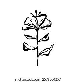 A stylized black and white illustration of a single flower with leaves, showcasing an abstract floral design.