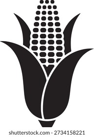 Stylized black and white illustration of a single ear of corn graphic. Vector Black silhouettes. with white background
