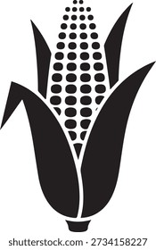 Stylized black and white illustration of a single ear of corn graphic. Vector Black silhouettes. with white background
