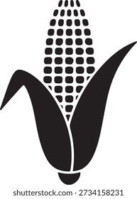 Stylized black and white illustration of a single ear of corn graphic. Vector Black silhouettes. with white background
