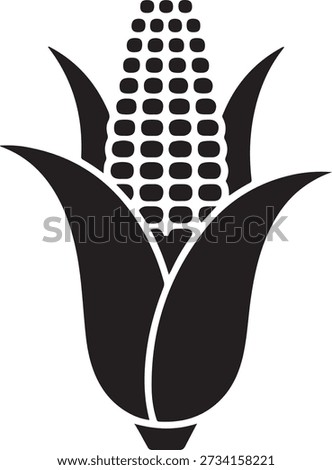 Stylized black and white illustration of a single ear of corn graphic. Vector Black silhouettes. with white background
