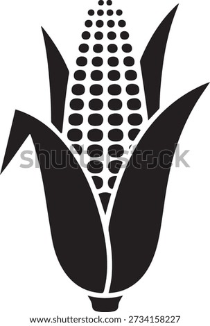 Stylized black and white illustration of a single ear of corn graphic. Vector Black silhouettes. with white background
