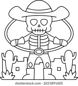Ilustração estilizada em preto e branco de um cowboy esqueleto usando um chapéu de abas largas e andando a cavalo. A cena inclui cactos e plantas do deserto.