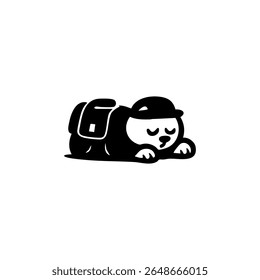 A stylized black and white illustration of a small animal, possibly a bear or similar creature, wearing a hat and carrying a backpack, lying down in a relaxed pose