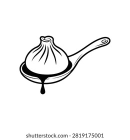 Stylized black and white illustration of a soup dumpling steaming hot on a spoon with liquid dripping