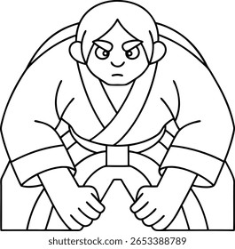 A stylized black and white illustration of a sumo wrestler in a traditional uniform, with a determined expression and a powerful stance, hands clenched and ready for action.
