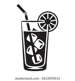A stylized black and white illustration of a tall glass of iced beverage.