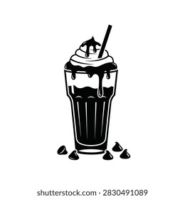 A stylized black and white illustration of a tall glass filled with a dark beverage, topped with whipped cream, chocolate syrup drizzle, and a straw. Chocolate chips are scattered around the base.