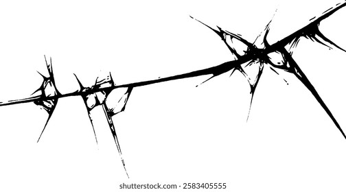 A stylized black and white illustration of a thorny branch with sharp spikes protruding from it, creating a dramatic and edgy appearance.