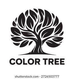 Eine stilisierte Schwarz-Weiß-Illustration eines Baumes mit dem Text 'COLOR TREE' darunter. Der Baum hat ein volles Blätterdach und einen dicken Stamm, was auf Wachstum und Vitalität hindeutet.