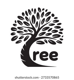 Stylized black and white illustration of a tree with the word tree