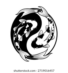 Ilustração estilizada em preto e branco de dois peixes koi formando um símbolo yin-yang, representando equilíbrio e harmonia em um design circular.