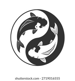 Ilustração estilizada em preto e branco de dois peixes koi formando um símbolo Yin e Yang circular, representando equilíbrio e harmonia.