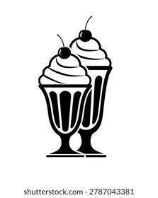 A stylized black and white illustration of two ice cream sundaes in glasses, topped with cherries.