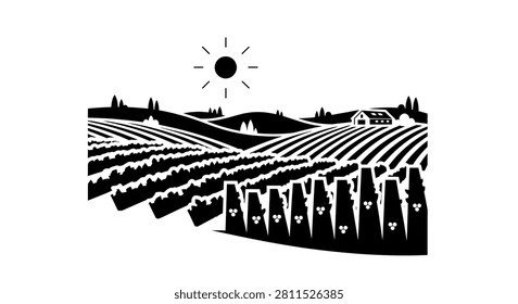 A stylized black and white illustration of a vineyard landscape with rows of grapevines under a bright sun