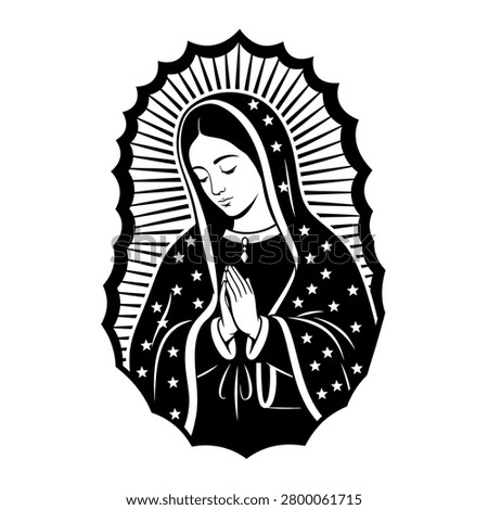 A stylized black and white illustration of the Virgin Mary, Our Lady of Guadalupe, with hands clasped in prayer and a radiant halo.