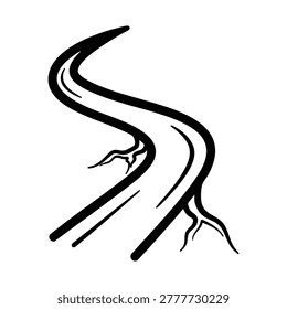 A stylized black and white illustration of a winding path or road with organic root-like extensions, symbolizing a journey or natural route.