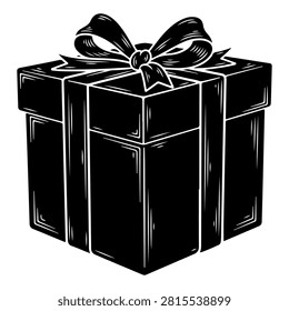 Stylized black and white illustration of a wrapped gift box with a ribbon and bow, symbolizing celebration, giving, or special occasions.