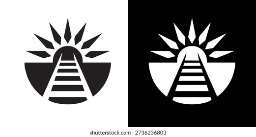 A stylized black and white image depicting a stairway ascending toward a sun-like shape.