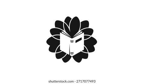 A stylized black and white image featuring an open book at the center, encircled by a floral design with petal-like shapes.