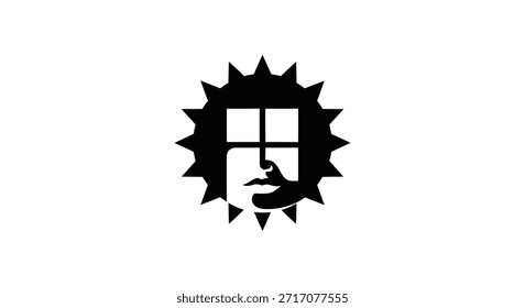 Una Imagen estilizada en blanco y negro con una mano que alcanza una ventana, colocada contra un diseño de rayos de sol. La Imagen transmite temas de esperanza, aspiraciones o búsqueda de nuevas oportunidades.