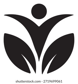 Una Imagen estilizada en blanco y negro con una figura central con los brazos extendidos rodeados de Formas simétricas en forma de hoja, que simbolizan el crecimiento, la armonía y el equilibrio.