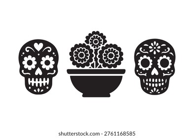 Stylized black and white image featuring sugar skulls with floral elements in a pot.