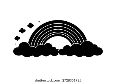 Ein stilisiertes Schwarz-Weiß-Bild eines Regenbogens mit sieben verschiedenen Bändern, umgeben von puffigen Wolken und Regentropfen