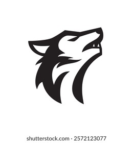 A stylized black and white image of a wolf howling, its head tilted back against a white background.