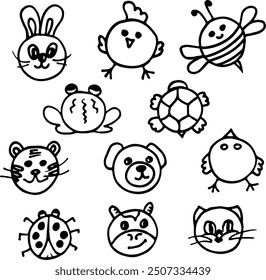 stylized black and white images of various animals, hand-drawn