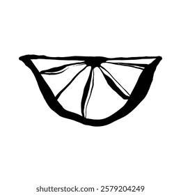A stylized black and white ink drawing depicts a single lime slice with abstract details.