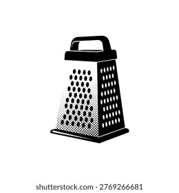 Stylized black and white kitchen grater with halftones and holes