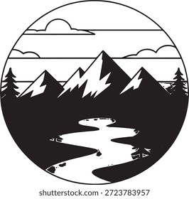Stylized black and white landscape design presents jagged snowy mountain peaks above a flowing river surrounded by pine trees enclosed within a perfect circular frame representing wilderness exploration.