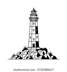 Stylized Black and White of a Lighthouse Standing Tall on a Rocky Shoreline (20) desi