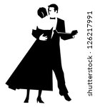 A stylized black and white line art drawing of an Elegant couple dancing at a black tie event.