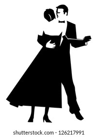 A Stylized Black And White Line Art Drawing Of An Elegant Couple Dancing At A Black Tie Event.