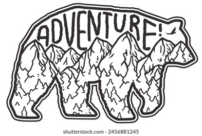 Stylized black and white line art illustration combining a bear silhouette with a mountain range, symbolizing outdoor adventure and the spirit of wilderness exploration.