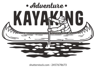 Stylized black and white line art solo adventurer kayaking in a scenic outdoor setting, evoking themes of nature, exploration, and the spirit of wilderness adventure.