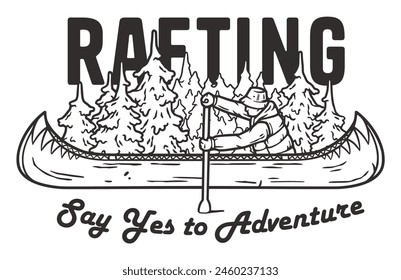 Stylized black and white line art adventurous person rafting through a mountainous landscape, encouraging a spirit of outdoor exploration and nature-filled adventures.