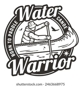 Stylized black and white line art solo adventurer kayaking in a scenic outdoor setting, evoking themes of nature, exploration, and the spirit of wilderness adventure.
