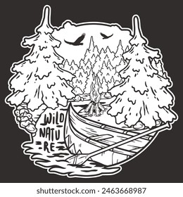 Stylized black and white line art adventurous person rafting through a mountainous landscape, encouraging a spirit of outdoor exploration and nature-filled adventures.